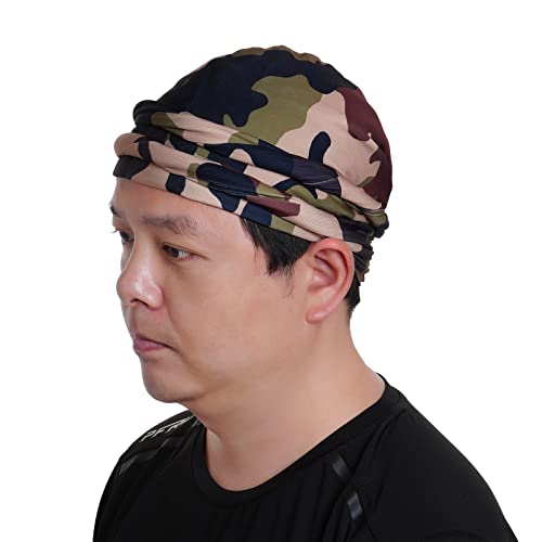 Hoyuwak Halo Turban For Men Satin Lined Head Wraps With Long Twisted Straps Stretch Durags Beanie Hats Scarf For Male Boys (Camo Woodland) #TOP5