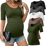 Sweetyweee 5 Pack Women's Maternity Shirts, Scoop Neck Maternity Top Casual Half Sleeve Tee Side Ruched Pregnancy Clothes (Black, White, Heather Grey, Coffee, Army Green,Small)