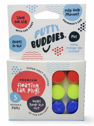PUTTY BUDDIES Floating Earplugs 3-Pair Pack â€“ Soft Silicone Ear Plugs for Swimming & Bathing â€“ Invented by Physician â€“ Keep Water Out â€“ Premium Swimming Earplugs â€“ Doctor Recommended (Red/Yellow/Blue)