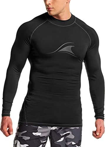 TSLA Men's UPF 50+ Long Sleeve Rash Guard, UV/SPF Quick Dry Swim Shirt, Water Surf Swimming Shirts, Big Wave Black & Charcoal, Medium
