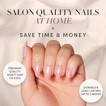 Glamnetic Press-On Nails - Bubble Gum Glaze | Super Strong Brush On Nail Glue & Nail Adhesive Tabs | Short Almond Pink French Tip Nails with a Glazed Finish | 15 Sizes - 30 Nail Kit with Glue