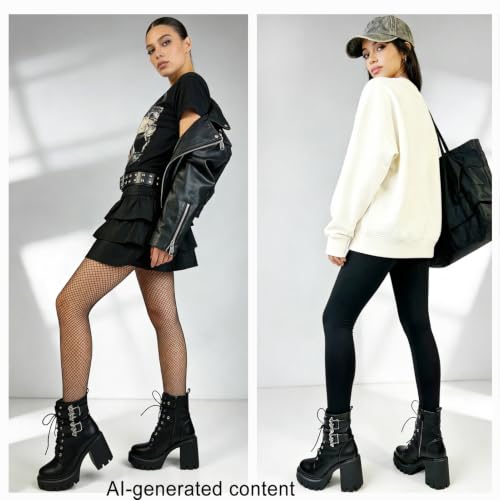 Image of MEOTINA Women Platform Boots Black Chunky Heel Ankle Booties Lace Buckle Combat Boots with Zipper High Heel Goth Shoes