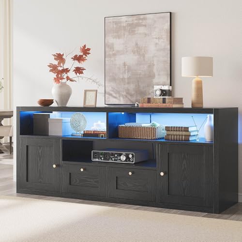 Image of LIKIMIO Black TV Stand for 65 inch TVs, Entertainment Center for Living Room | TV Consoles with 1 inch Thick Top, Ample Storage Space, Adjustable LED Light, Built-in Charging Station