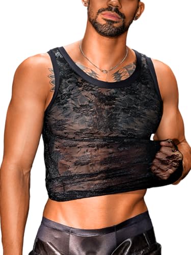 ChiaoLezhee Men's Tank Top, Sheer Lace Undershirts, Sexy Mens Sleeveless Shirt, Sissy Clothes for Men Femboy Lingerie Mesh Exotic Apparel Man Tops Shirts Gay, Black One Size