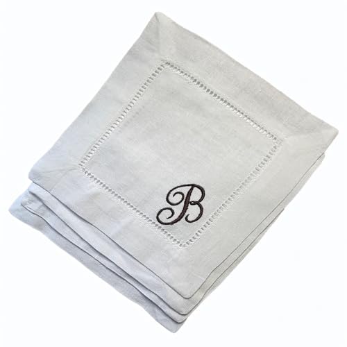 Personalized Embroidered Linen Cotton White Cocktail Napkins Cloth Hemstitch, Custom Initials Letter Name Wedding Party Kitchen Monogrammed Coasters (Set of 4)