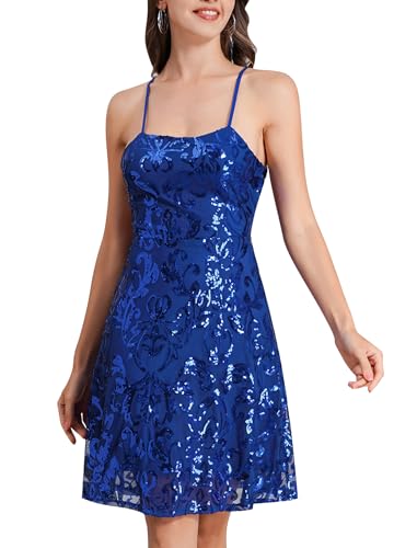 ODIZLI Short Prom Sequin Dresses for Teens Skater Dress for Women Spaghetti Straps Sparkly A Line Swing Dresses