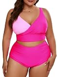 Eytino Plus Size Bikini Sets for Women V Neck Front Wrap Push Up Bikini Tops High Waist Bottom Color Block 2 Piece Swimsuits,5X Bright Pink