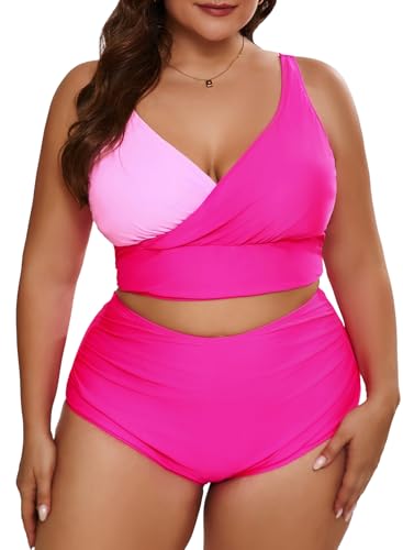 Eytino Womens Plus Size Bikini Sets V Neck Push Up Bikini Tops High Waisted Swim Bottom 2 Piece Bathing Suits,3X Bright Pink