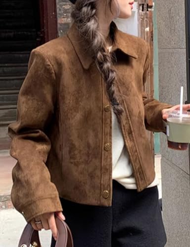 IDEALSANXUN Cropped Suede Jacket Women Fall Winter Casual Vintage Leather Aviator Jackets Outerwear3