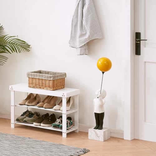Apicizon Bamboo Shoe Rack for Entryway, 3-Tier Shoe Rack Bench for Front Indoor Entrance, Small Shoe Organizer with Storage, White - Thumbnail 2