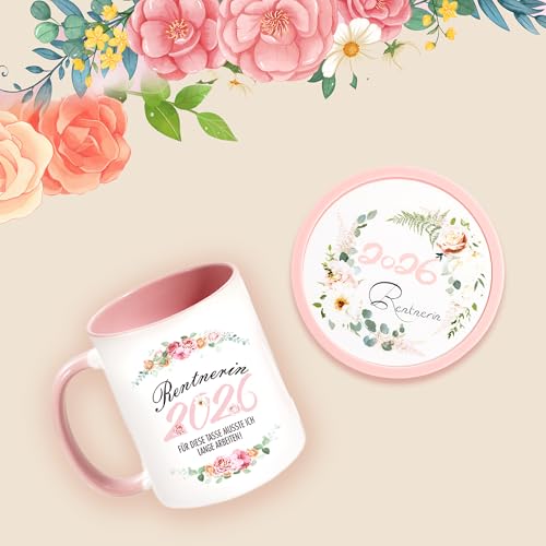 ZIENZENGYA Renteneintritt Geschenk Frau, Ruhestand Geschenk Frauen, Rentner Geschenke Frau - Geschenkideen Zum Renteneintritt 2026 - Keramik, Silikon Untersetzer für Getränke (Rosa-2026)