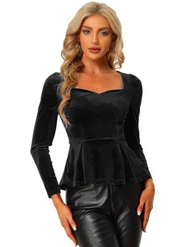 Allegra K Women's Elegant Velvet Blouse Sweetheart Neck Long Sleeve Peplum Top Black S