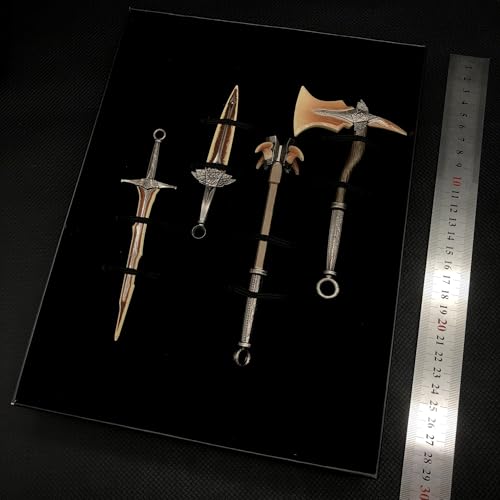 crafthand Skyrim Weapon 4 In 1 Pack Dragon Bone Axe Sword Dagger Hammer Metal Game Weapon Collectible Desktop Decoration Keychain BJDs