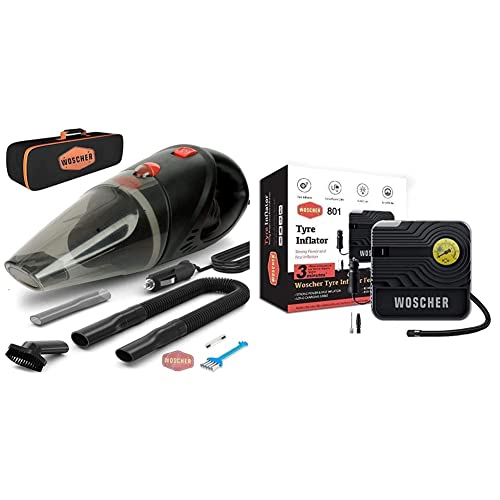 WOSCHER 2003 High Power Auto Car Vacuum Cleaner for Deep Cleaning, Black & Rapid Performance Portable Tyre Inflator (12V) with LED Light