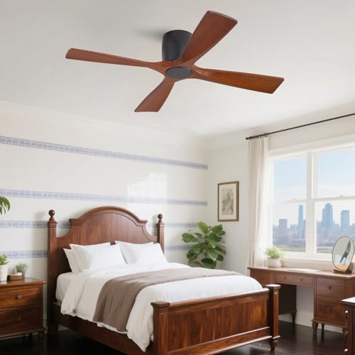 WINGBO 48 Inch Ceiling Fan Without Light, Solid Wood Flush Mount Ceiling Fan with Remote Control, Reversible DC Motor, 4 Blades,6-Speed Quiet Performance, for Bedroom & Living Room, Matte Black+Walnut by WINGBO - Used condition - Image 2