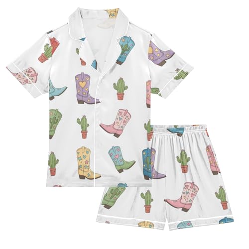 Satin Pajama Sets Short Sleeve Cowboy Boots and Cacti Button Down Silky Nightwear 2 Piece PJS 5-14Y