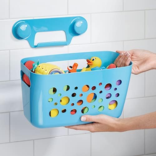 mDesign Kids Bathroom Storage Unit - Colourful Bath Caddy with Suction Cups - Plastic Bathroom Organiser - Blue