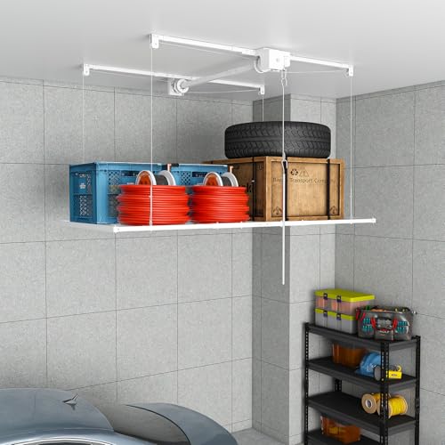 S.Walt Hanging Garage Ceiling Storage Racks, Adjustable Overhead Garage Storage Lift, Mounted 3x6 ft Heavy-Duty Steel Platform for High Ceilings 10-12 ft, Supports 350 lbs for Everyday Use, White