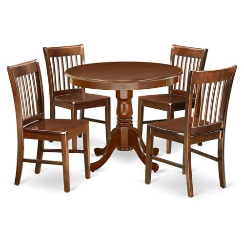 East West Furniture ANNO5-MAH-W 5 Piece Dining Set Includes a Round Dining Room Table with Pedestal and 4 Wood Seat Chairs, 36x36 Inch, Mahogany