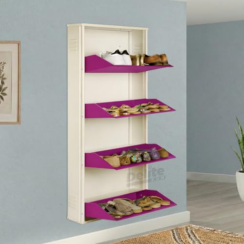 Image of Delite Kom 24 Inch Wide, 4 Shelf Metal Shoe Rack Wall Mounted for Home with Central Lock Holds Upto 12 Shoes or 20 Slippers Pair | 1 Year Warranty | (54 x 24 x 5 Inch, Ivory Violet) DIY | Space Saving