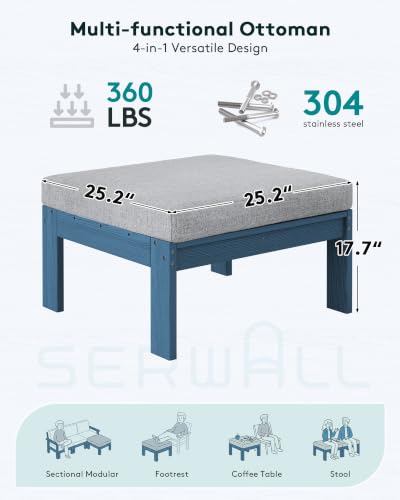 Image of SERWALL HDPE Outdoor Ottoman with Cushions for Outdoo Sofa | Blue Frame & Gray Cushions