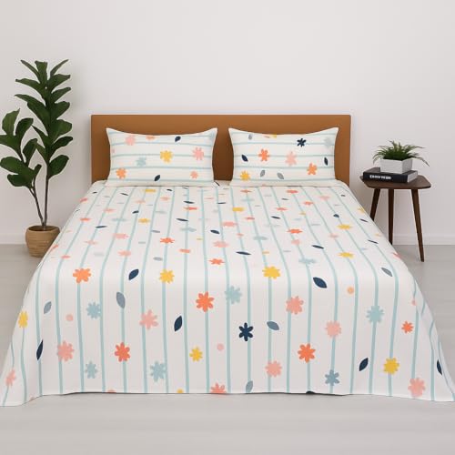 Image of King Size Bedsheet - Ray of Flowers Print - 108 x 108 Inches - Brushed Microfiber Flat Sheet with Pillow Covers - Soft, Cooling, Wrinkle & Fade Resistant