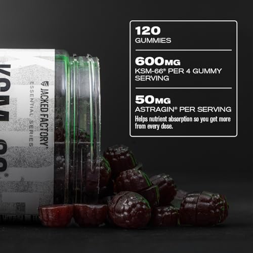 Image of Jacked Factory Ashwagandha Gummies - KSM 66 Ashwagandha Gummies (600mg Per Serving) - Enhance Cognitive Function, Boost Mood, and Promote Hormonal Balance - 120 Gummies, Cherry Splash