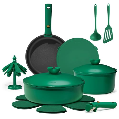 CAROTE 17pcs Pots and Pans Set Non Stick, Gift Set Nonstick Cookware Die-cast Aluminum Detachable Handle, Dishwasher/Oven Safe, Induction Cooking Pot and Pan Sets, Green, RV Kitchen Cookwares