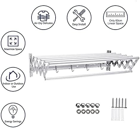 Wall Mounted Clothes Rail Airer with Hooks Stainless Steel Folding Space Saver in Laundry Balcony Bathroom Easy to Install Maximum Load 35kg Metallic Silver