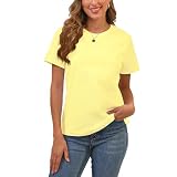 100% Cotton Women's Light Yellow Short Sleeve Crew Neck T-Shirt, Regular Fit Casual T Shirt Tops, Basic Tees, Tshirt, Tshirt