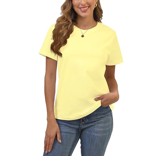 100% Cotton Womens Light Yellow Short Sleeve Crew Neck T-Shirt, Regular Fit Casual T Shirt Tops, Basic Tees, Tshirt, Tshirt