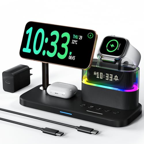 Compatible with Qi2 Certified Wireless Charging Station with Alarm Clock and Night Light,15W Fast 5 in 1 Mag-Safe Charger Stand for iPhone 16 15 14 13 12 Pro Max,Apple Watch,Air-Pods(Black)