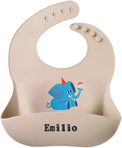 TYRY.HU Babero de Silicona Impermeable Personalizado para Bebé con Nombre,Bolsillo Lavable Babero Recogedor Flexible y Suave Babero Grande y Ajustable para Niño Niña