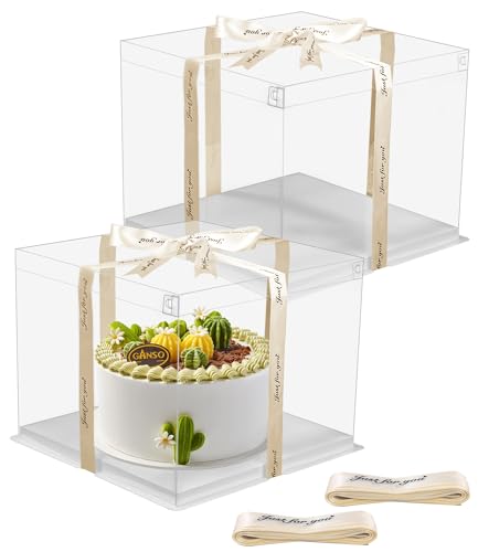 2 Stück Geschenkbox Durchsichtig Tortenschachtel Tortenbox 30*30*25cm Tortenkarton Transparent Torten Kuchen Transportbox Geschenkbox Durchsichtig mit Sockel und Band für Geburtstag Dessert