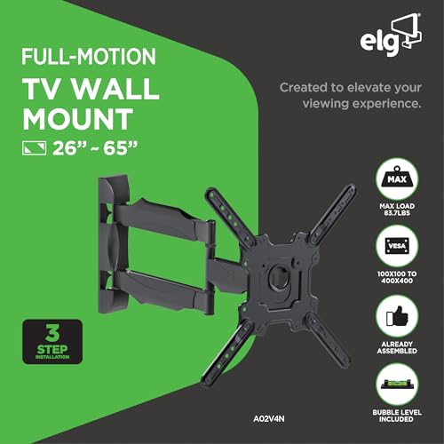 Image of ELG Full Motion TV Wall Mount for TVs 26'' to 75'', Holds up to 83.8 lbs, Articulating Arms, Swivel, Tilt, Extension, Max VESA 400x400mm, A02V4N, Steel, Black