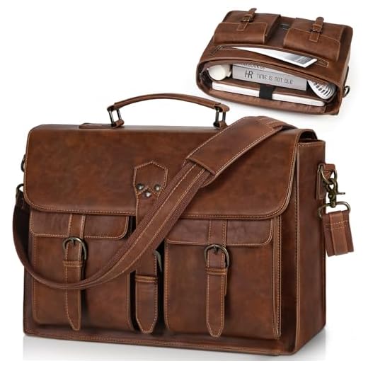 RAINSMORE Bolsa mensageiro masculina de couro vintage de 15,6 polegadas pasta grande para laptop bolsa impermeável bolsa de ombro para computador para escritório, trabalho, viagem, faculdade, marrom