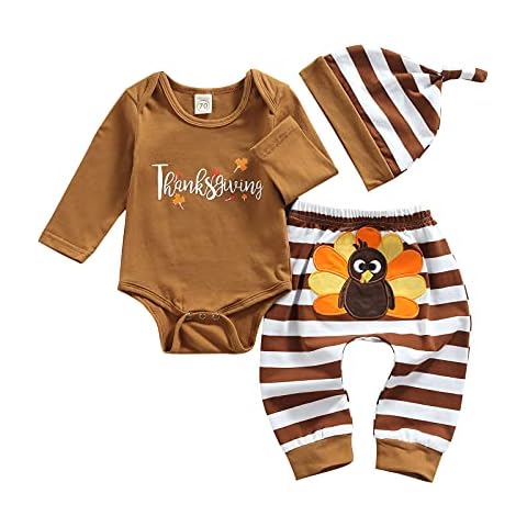 My First Thanksgiving Outfit Newborn Baby Boy Girl Letter Long Sleeve Romper Turkey Pants with Hat 3Pcs Clothes Set (Thanksgiving Brown,3-6 Months) Cover