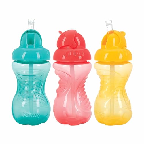 Image of Nuby 3 Pack No Spill Flip it Soft Straw Toddler Sippy Cups - Toddler Cups Spill Proof with Easy and Firm Grip - Aqua, Coral, Yellow