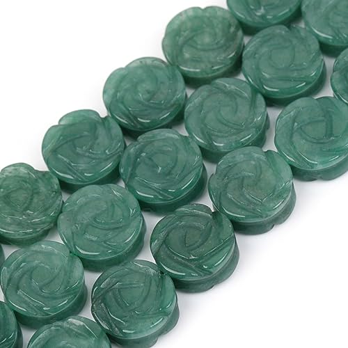 JOE FOREMAN 12Pcs 14mm Natural Green Aventurine Jade Stone Plant Rose Flower Double Side Hand Carved Gemstone Semi Precious Beads for Jewelry Making