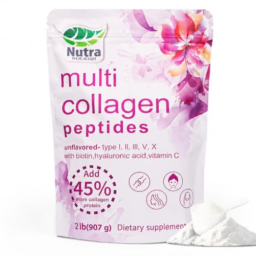 NutraNourish Multi Collagen Peptides Powder, 2LB | (Type I, II, III, V, X) with HyaluronicAcid, Biotin & Vitamin C,Supports Hair, Skin & Joint Health,Unflavored