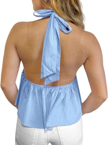 Tankaneo Womens Striped V Neck Halter Tops Babydoll Summer Bow Tie Front Backless Shirts Peplum Y2k Going Out Tank Tops Sky Blue — view 2
