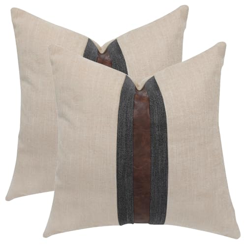 BOYSUM Set of 2 Leather Throw Pillow Covers Cotton Linen Decor Patchwork Pillow Cover Faux Leather Pillows Cover for Couch Sofa Living Room Bedroom,Beige 18x18
