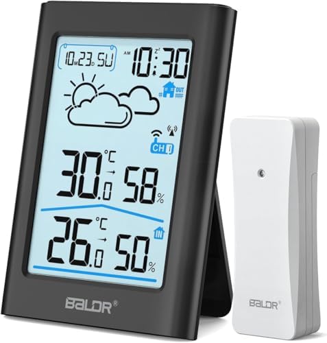 BALDR Wetterstation Funk mit Außensensor, Digital DCF-Funkuhr Thermometer Innen Außen, Temperaturanzeige Funk, Raumthermometer, Hygrometer, Wettervorhersage, Uhrzeitanzeige, Wecker
