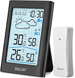 BALDR Wetterstation Funk mit Außensensor, Digital DCF-Funkuhr Thermometer Innen Außen, Temperaturanzeige Funk, Raumthermometer, Hygrometer, Wettervorhersage, Uhrzeitanzeige, Wecker, 3.7 Zoll Display