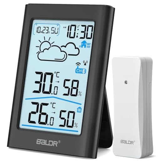 BALDR Wireless Weather Station with Outdoor Sensor, Digital DCF Radio Clock, Thermometer Indoor/Outdoor Temperature Display, Radio, Room Thermometer, Hygrometer, Weather Forecast, Time Display, Alarm