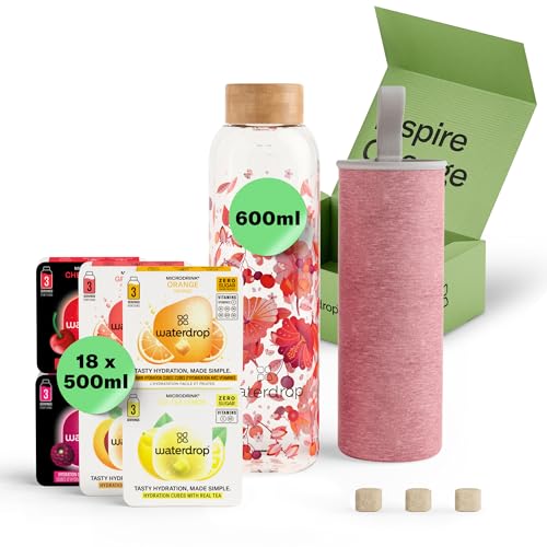 waterdrop® Geschenkset - Trinkflasche - 18 zuckerfreie Getränkewürfel - Kohlensäure geeignet
