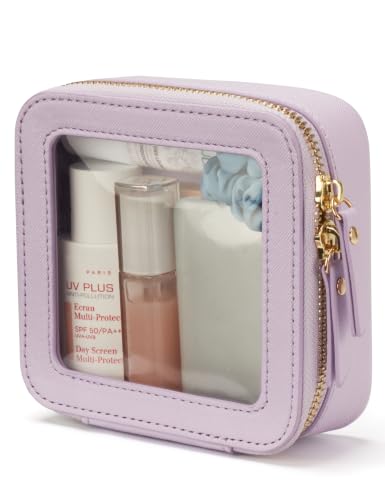 Small Cosmetic Bag for Purse Mini Makeup Bag for School Cute Clear Make Up Pouch for Travel Tiny Leather Purple Make Up Organizer Case for Backpack Toiletry Bag Waterproof Square Pouch with Zipper
