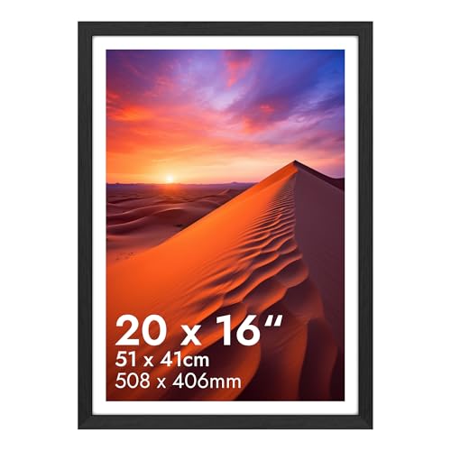 HNK 16x20 Inch Picture Frame Solid Wood and Shatterproof Perspex Photo Frames 51x41cm Dual Orientation Landscape or Portrait 20x16 Inch Picture Frame Wall Hanging Display Photos (Black)
