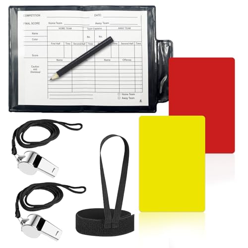 VINEST Schiedsrichter Set mit Kampfrichter-Armband, Rote und Gelbe Schiedsrichter Karten, 2 Metall Schiedsrichter Pfeife mit Lanyard, Schiri Set mit Tasche Punktebuch für Fußball Basketball