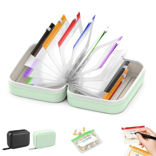 Image of Waterproof Pill Pouch Set, Waterproof Pill Organizer Set with 14pcs Bags Inside, 7 to 14 Days of Meds & Medicine Crush-Resistant Shell, Portable Travel Pill Storage System for Holder Travel (Green)
